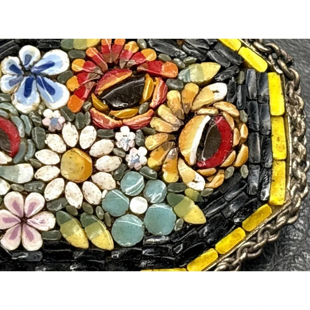 Vintage Micro Mosaic Italian Italy Floral Brooch Yellow Red Black Pin READ